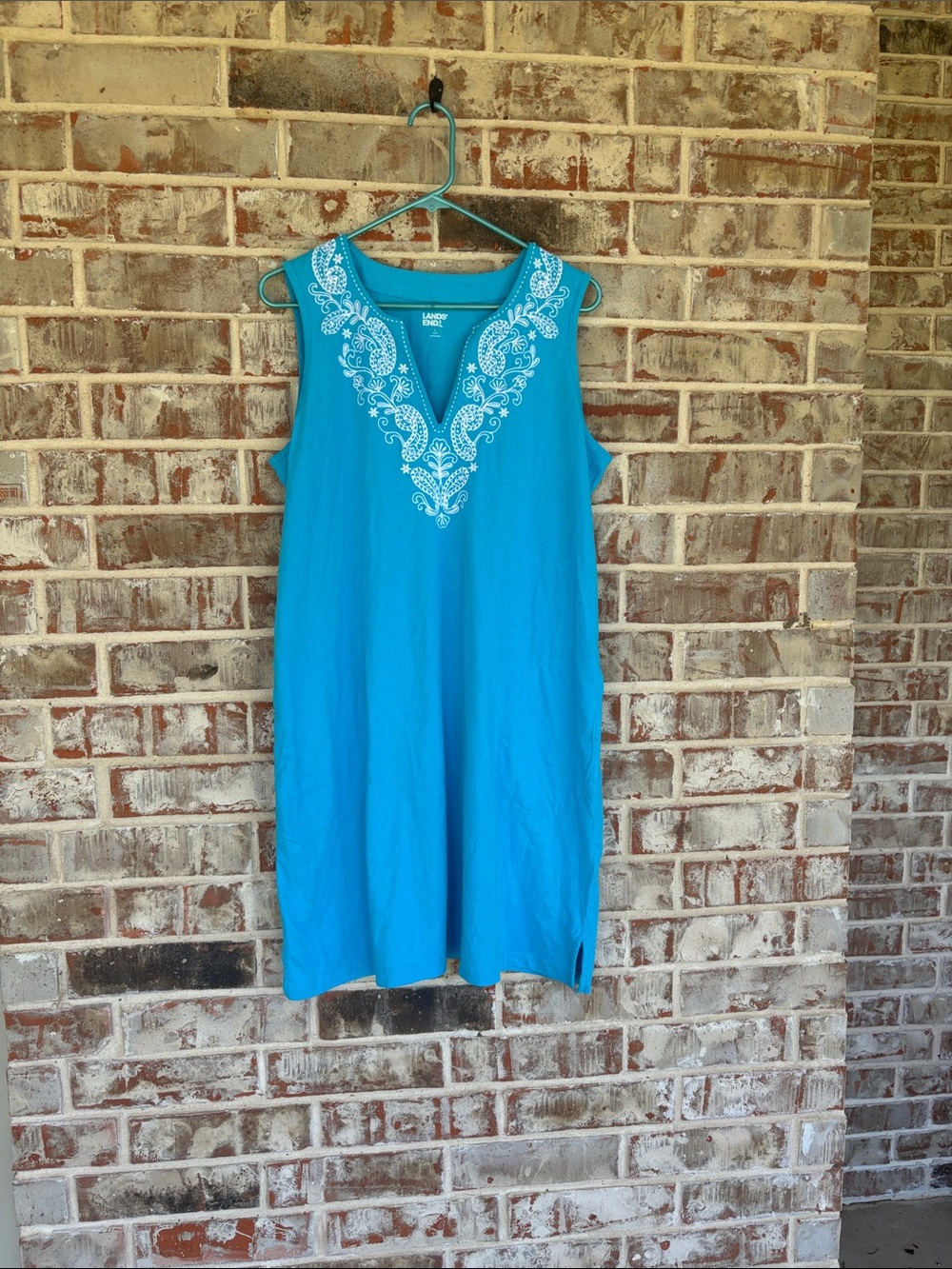 Lands' End Turquoise Sleeveless V-Neck Dress with White Embroidery